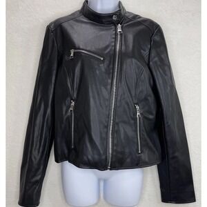 KARL LAGERFELD PARIS Vegan Leather Moto Coat Black Jacket Size Medium